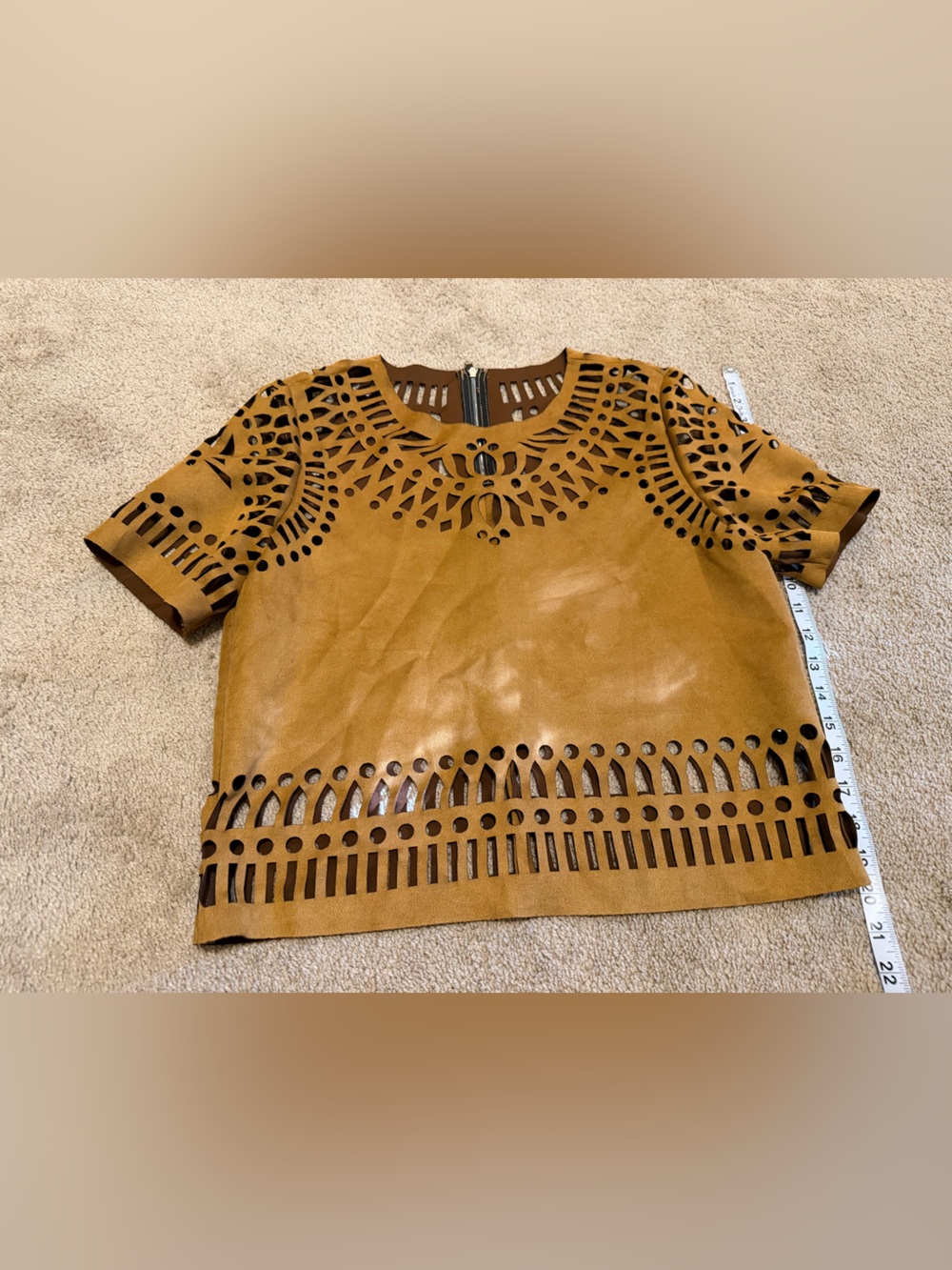 Laser-Cut Faux Suede Short Sleeve Top in Mustard